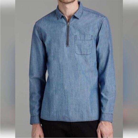 Frank & Oak Men’s Blue 100% Cotton Pullover 1/4 Zip Denim Shirt (Size: Large) - Picture 3 of 13